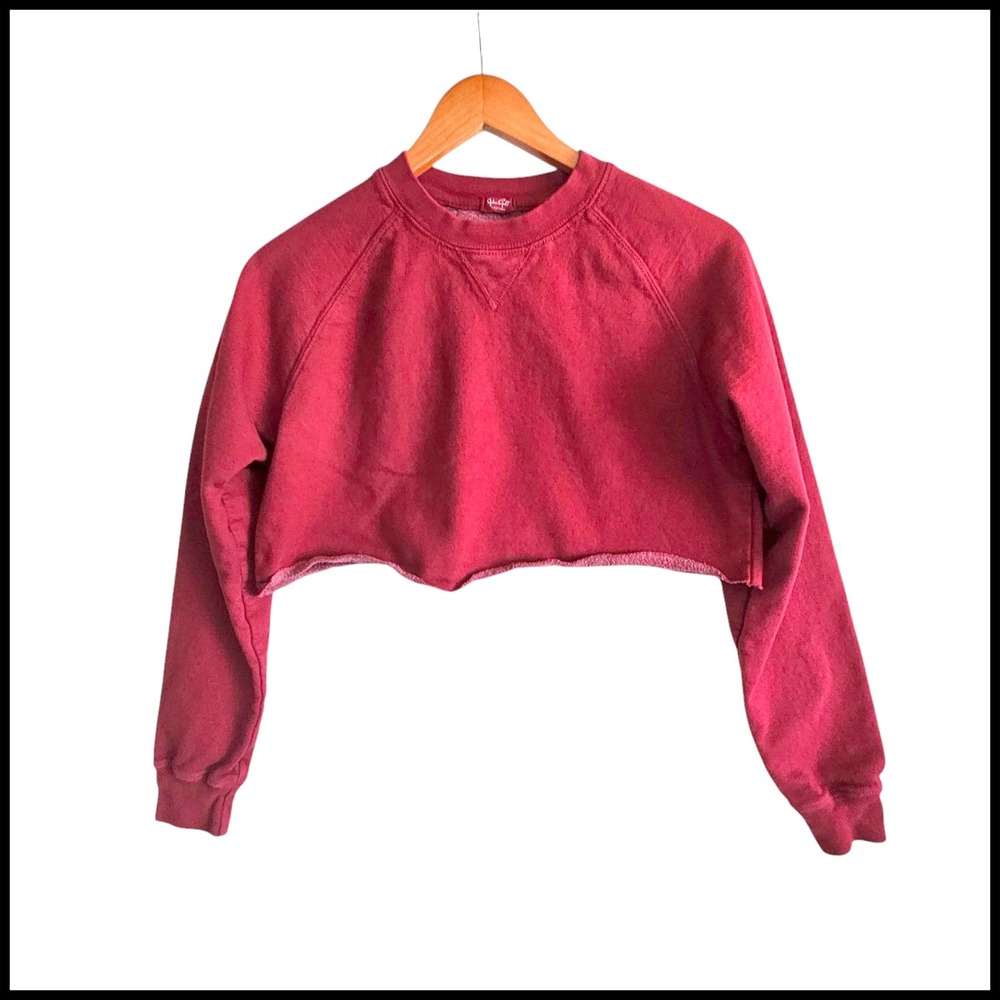 John Galt Cropped‎ Sweatshirt Raw Hem Long Sleeve Pullover Top Maroon